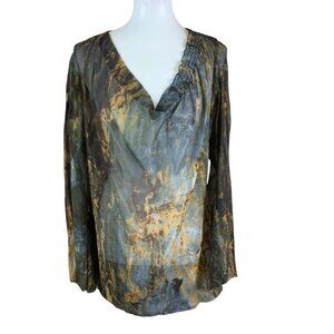 ISDA & Co Silk Blouse L Watercolor Tie Dye‎ Brown Gray Abstract Boho Chic